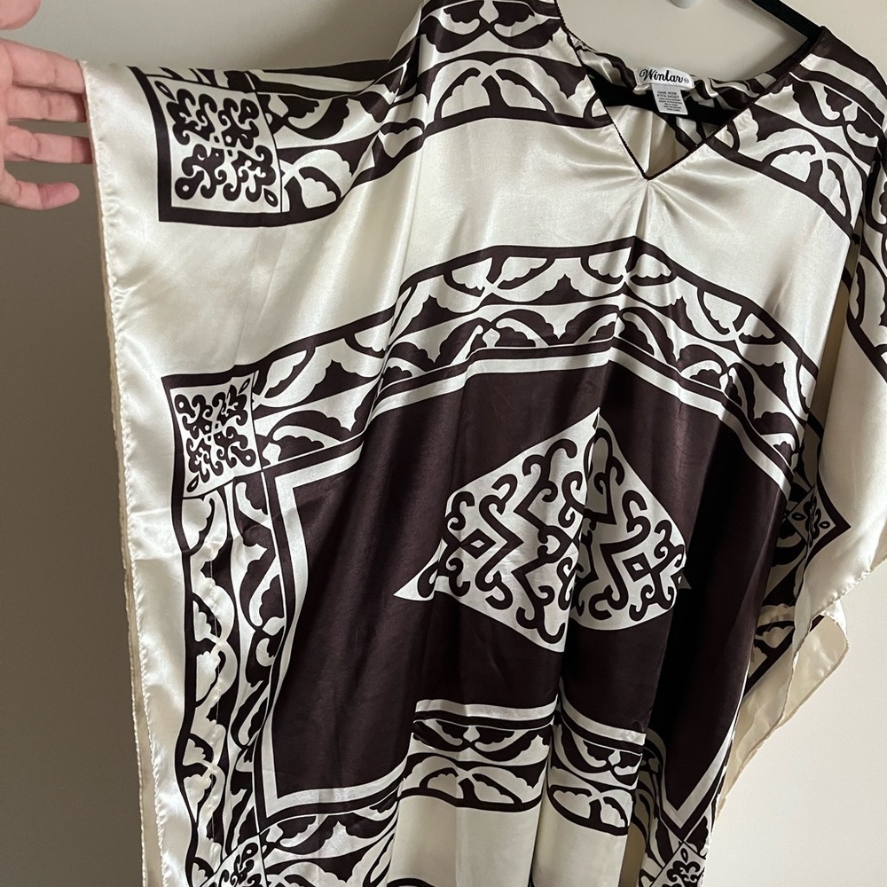 VTG Winlar Silky Art-To-Wear Brown/Cream Pancho Lagenlook Patterned Kaftan OS - Picture 5 of 12